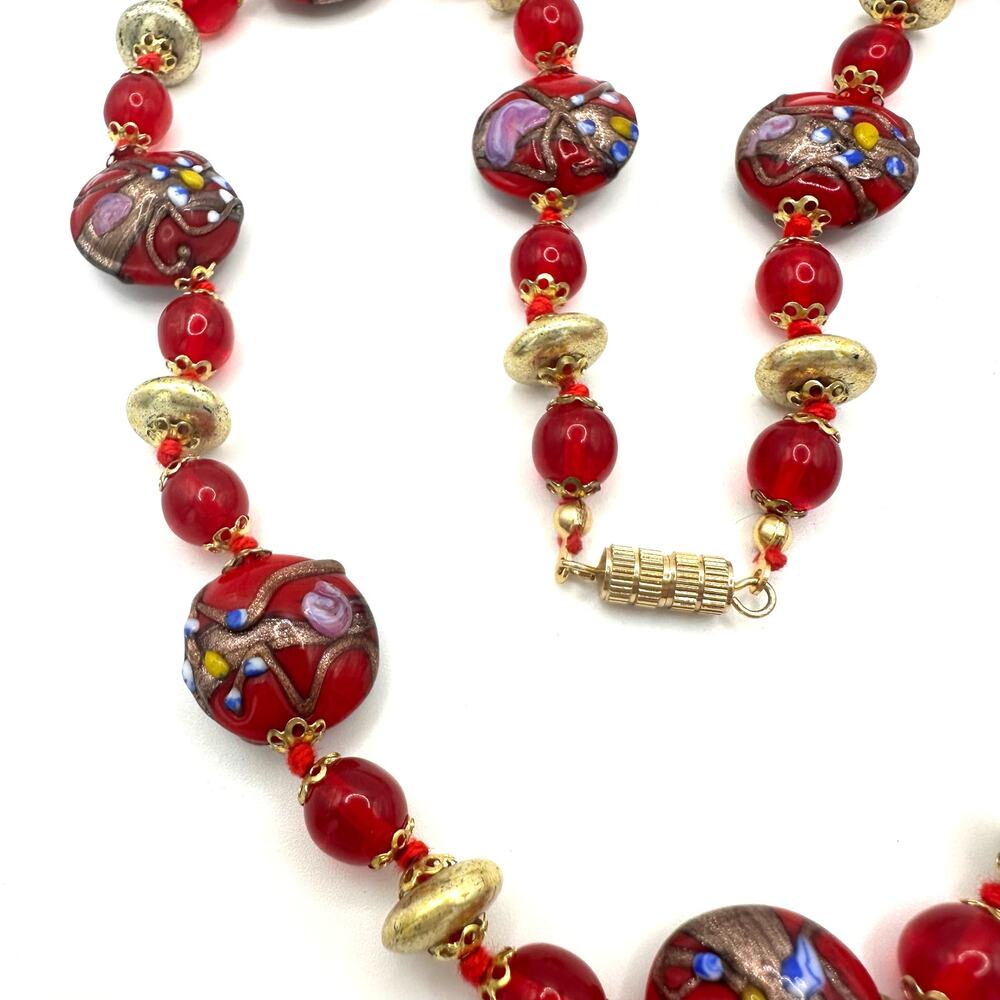 Vintage red gold Murano Venetian wedding cake art glass beads beaded necklace - Picture 3 of 7